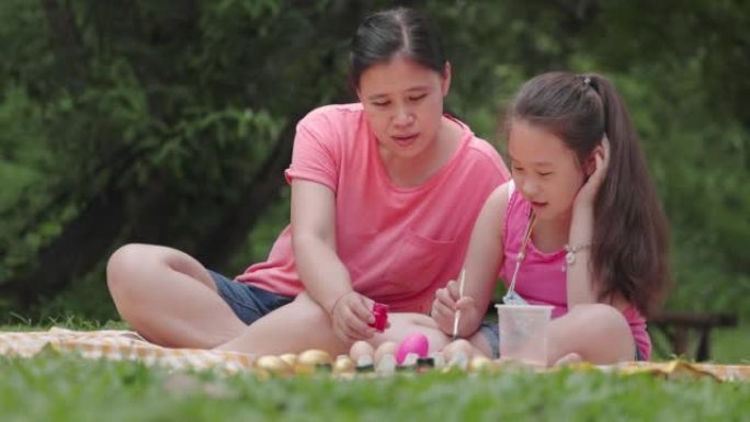 亚洲女孩和她的母亲为复活节画鸡蛋
