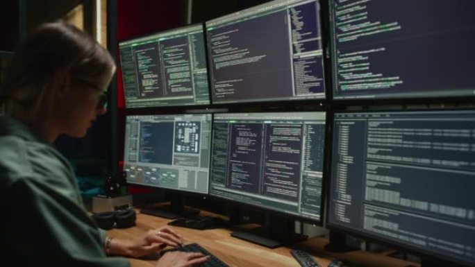 网络安全机构: 女性程序员在台式计算机上编码，在黑暗的办公室中有六个显示器。高加索女人监控数据保护系