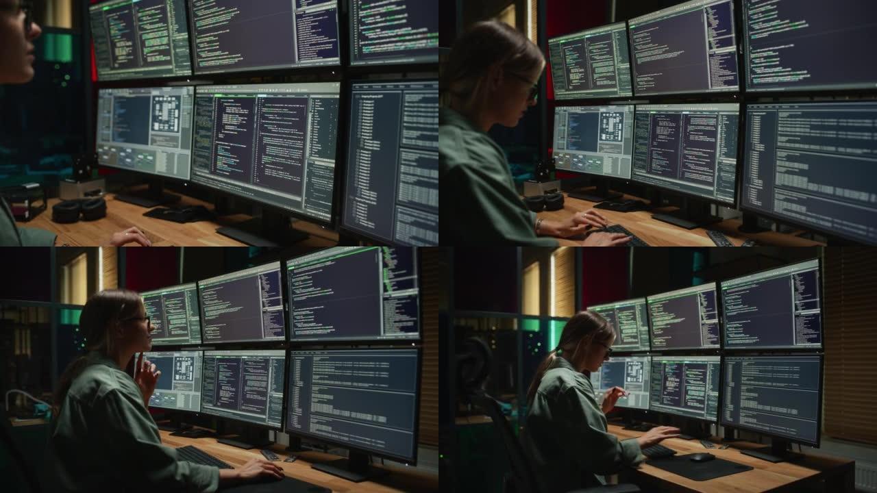 网络安全机构: 女性程序员在台式计算机上编码，在黑暗的办公室中有六个显示器。高加索女人监控数据保护系