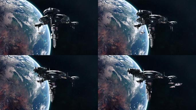 科幻战舰离开地球轨道上的空间站
