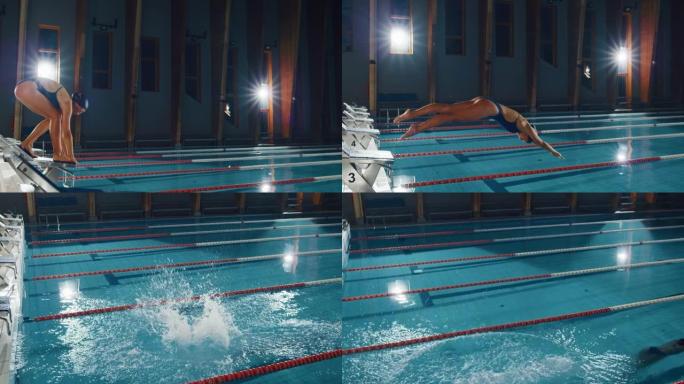 美丽的女游泳运动员在游泳池潜水。职业运动员优雅地跳跃。决心赢得冠军的训练。电影光线，时尚色彩的慢动作