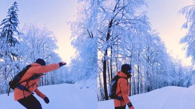 快乐女滑雪者骑新鲜粉末雪