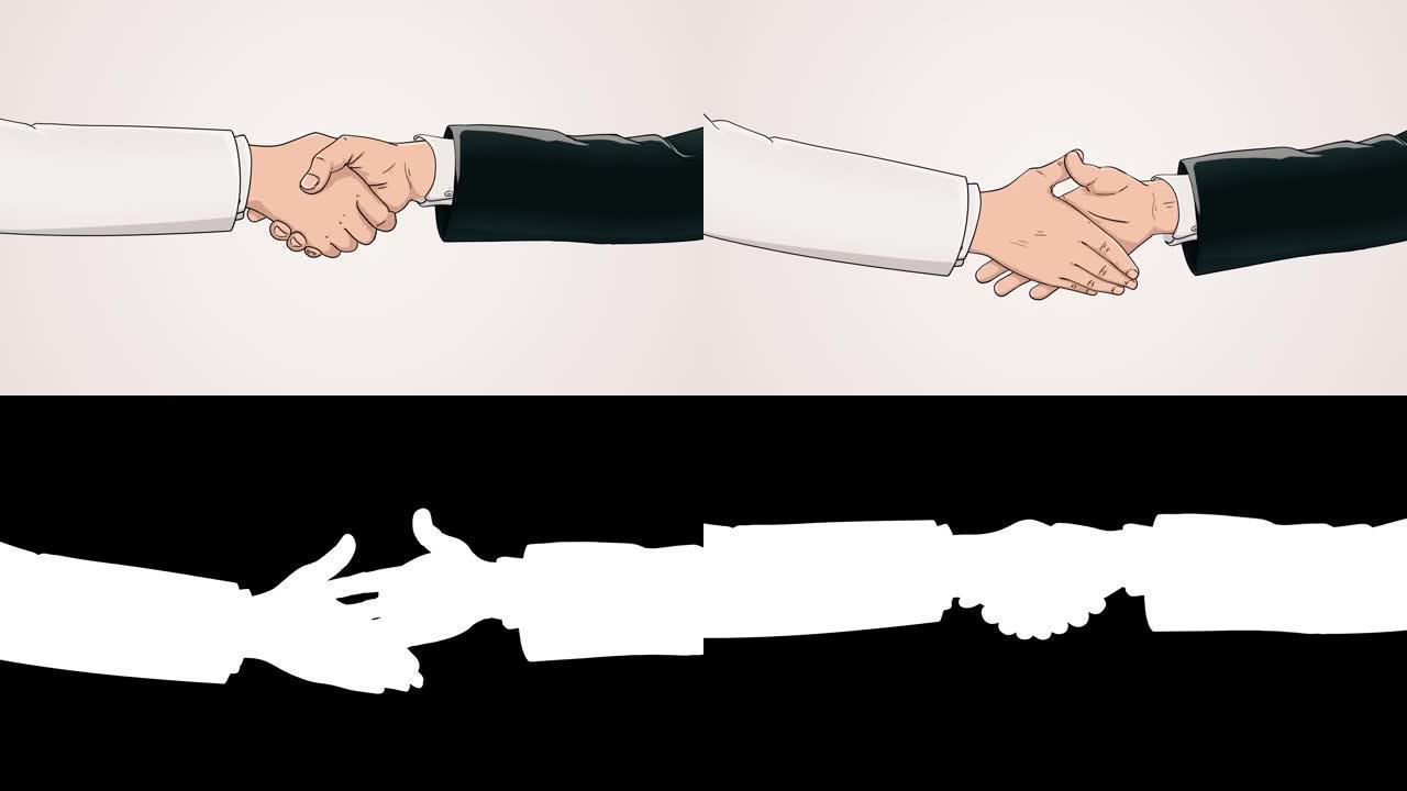 黑白合作商人面前的白色背景与光哑光，色度键，握手的概念，商业协议，政治，会议，国际友好关系，外交官握