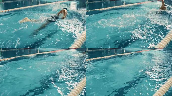 男子游泳运动员在奥林匹克游泳池游泳。专业运动员在锦标赛上表演，使用前爬行，自由泳。取胜的决心。高角度