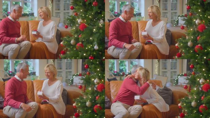 充满爱心的高级夫妇在家里的圣诞树旁用香槟庆祝