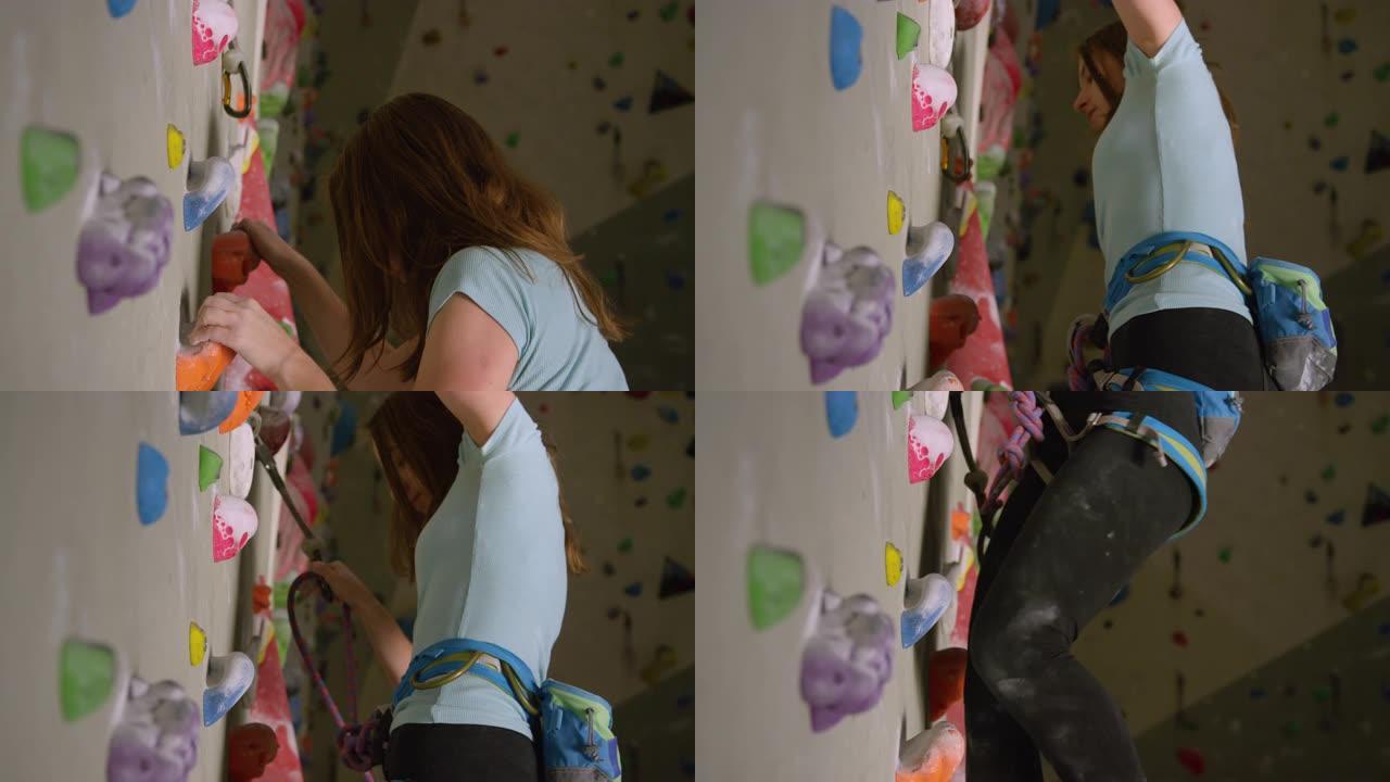 特写镜头，dop: 少年在爬上室内墙壁时将绳索缠绕在登山扣中