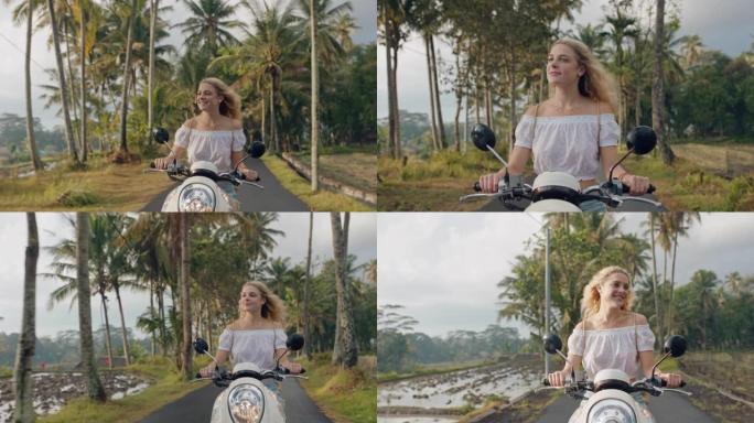 热带岛屿公路旅行骑摩托车的年轻女子享受旅行假期骑摩托车4k