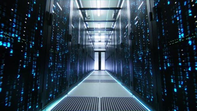 数据中心矩阵样式数字在服务器机架中下雨。信息、数据、仿真、量子超级计算、人工智能和神经网络的虚拟现实