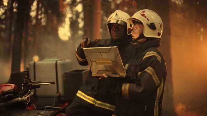 女性和男性专业消防员的肖像站在全地形车旁，使用笔记本电脑并找出扑灭野火的最佳解决方案。慢动作。