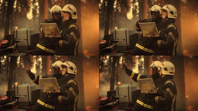 女性和男性专业消防员的肖像站在全地形车旁，使用笔记本电脑并找出扑灭野火的最佳解决方案。慢动作。