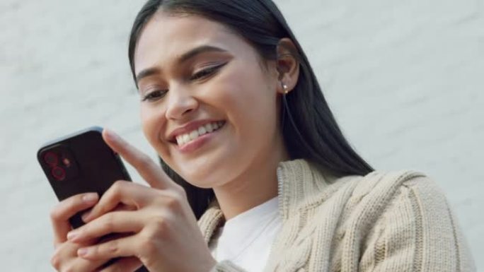 Happy, phone and woman texting, reading positive n