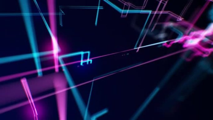 霓虹灯笔画在网络空间蓝紫色中飞翔。抽象未来3d动画复古风格。快速运动技术概念中的网络线路。
