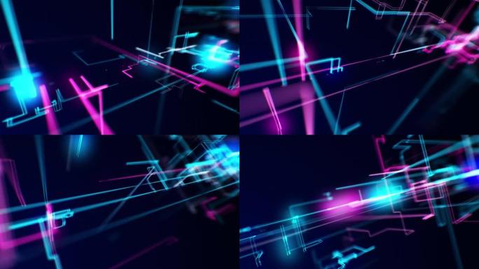 霓虹灯笔画在网络空间蓝紫色中飞翔。抽象未来3d动画复古风格。快速运动技术概念中的网络线路。