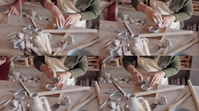 陶器，女人，并在工作室和工作场所以创意的阶级形状制作粘土模具，光滑并带有艺术工具。学生使用陶瓷杯进行