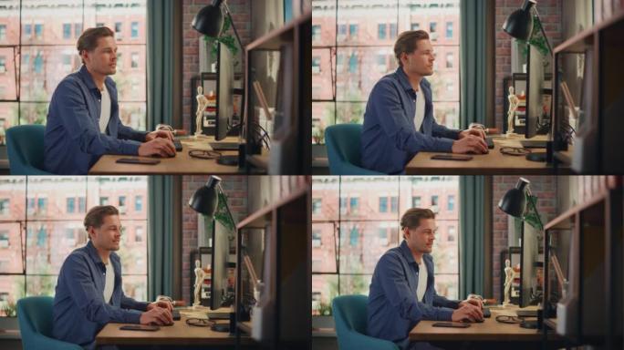 一个年轻英俊的男人坐在家里，在台式电脑上工作的肖像。创意男性查看社交媒体，浏览互联网。明亮阁楼公寓的