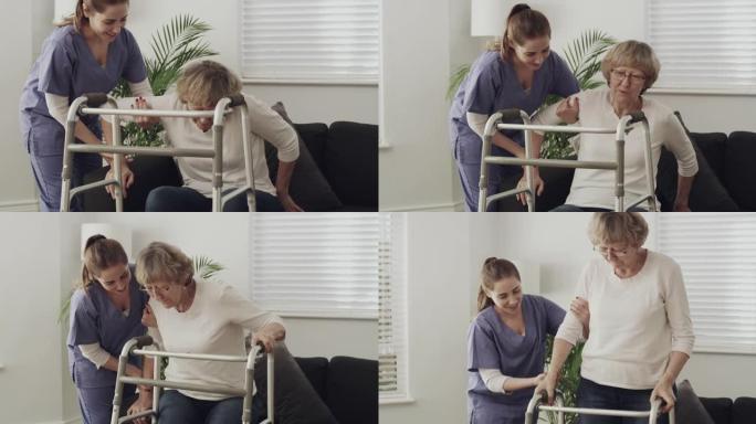 一名女护士帮助一名老年患者使用步行架行走的4k视频片段