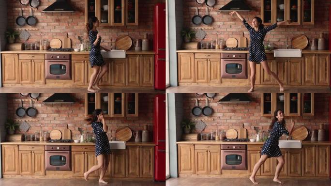 精力充沛快乐的年轻西班牙裔美女在厨房跳舞。