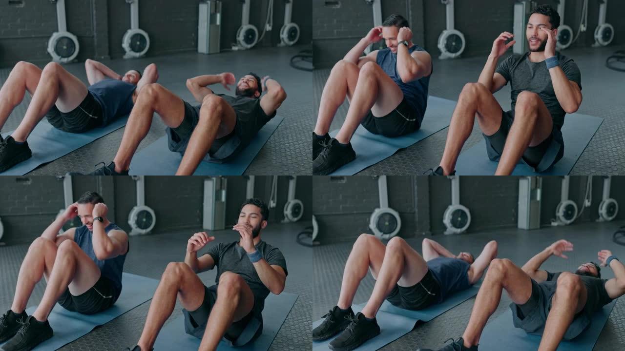 男人，健身和仰卧起坐在垫子上锻炼，训练或锻炼强壮的腹部核心在健身房。男人，朋友或教练做仰卧起坐以保持