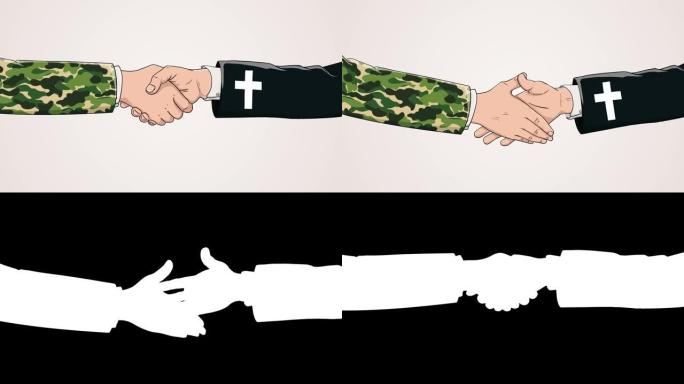 士兵和基督徒之间的合作在一个白色背景与光哑光。握手的概念、商业协议、政治、会议、国际友谊关系、外交官