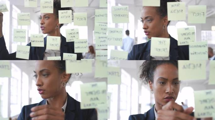 办公室玻璃板上的便签，策略和黑人妇女计划。思维导图，解决问题和女性员工集思广益，思考并致力于工作场所