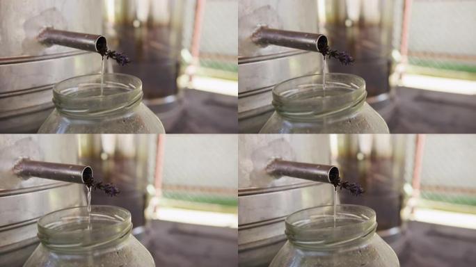 液体流入玻璃罐的特写镜头。薰衣草油生产。精油