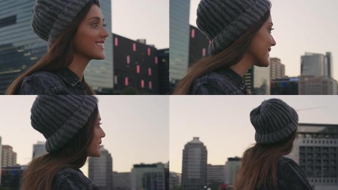 一名年轻女子在城市屋顶上的4k录像