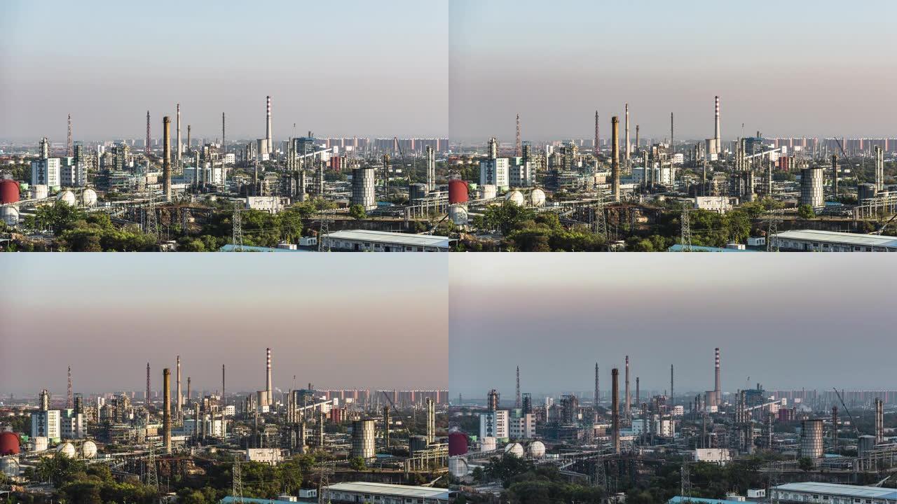 石油化工厂和炼油工业的T/L鸟瞰图，从白天到日落