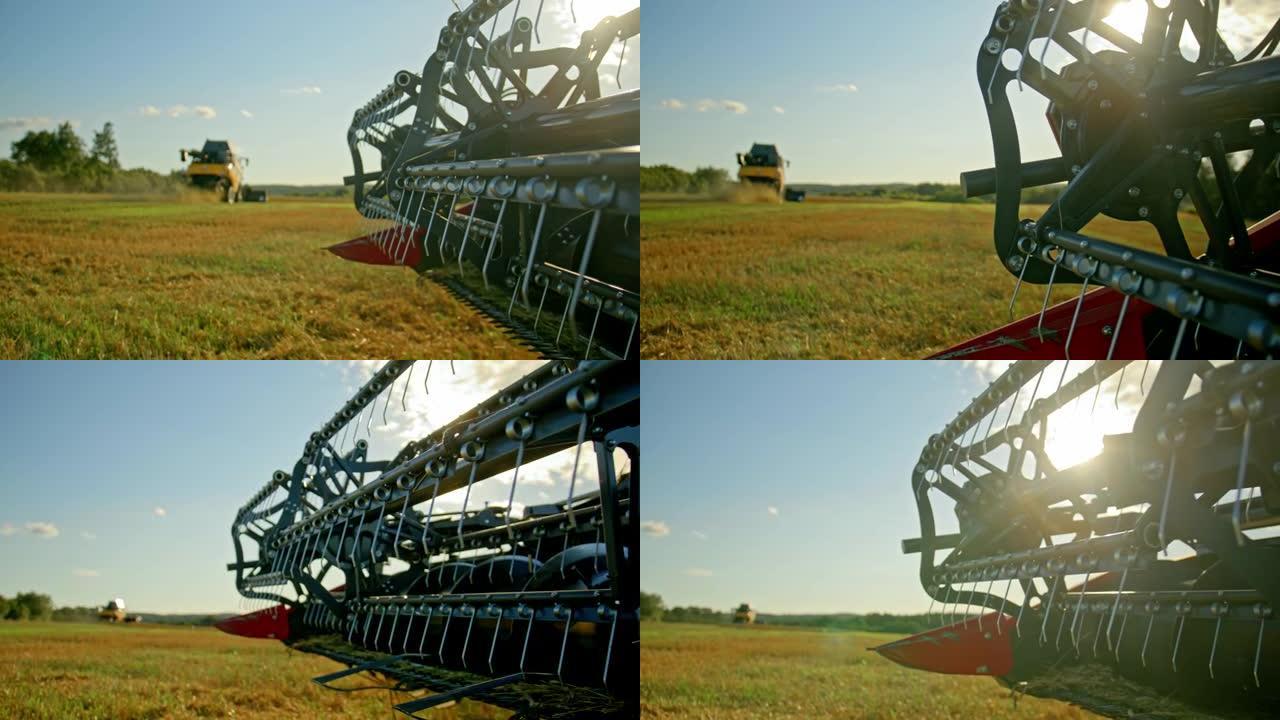 联合收割机脱粒小麦作物的推入镜头，联合收割机的卷轴