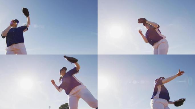 混血女棒球野手在阳光充足的棒球场接球投球