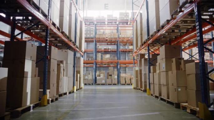 大型零售仓库，货架上摆满了纸箱和包装中的货物。物流、分拣和分销设施，用于产品交付。低摄像头在成排的架