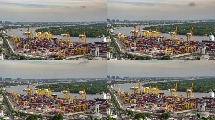 曼谷下城区河边港口货物转运枢纽和集装箱运输的时间流逝