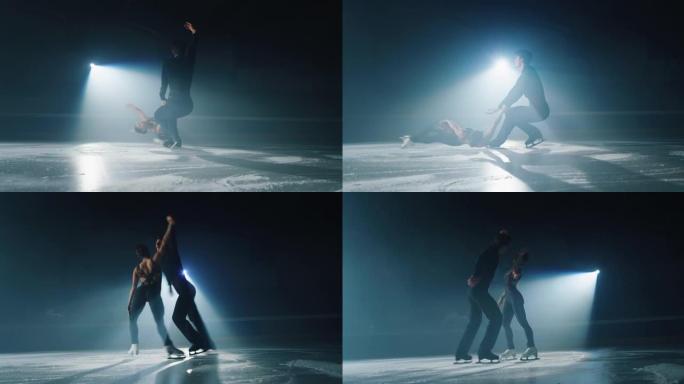 一对年轻的花样滑冰运动员的电影特写镜头正在比赛开始前在溜冰场上进行双人滑冰舞蹈编排。完美、精确、自由