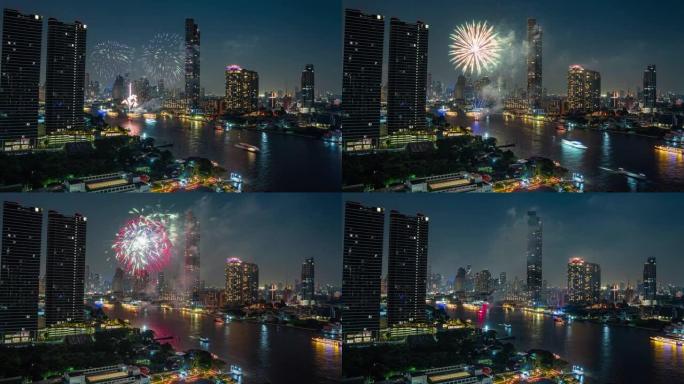 曼谷摩天大楼河边的时间流逝，晚上庆祝烟花从河边爆炸