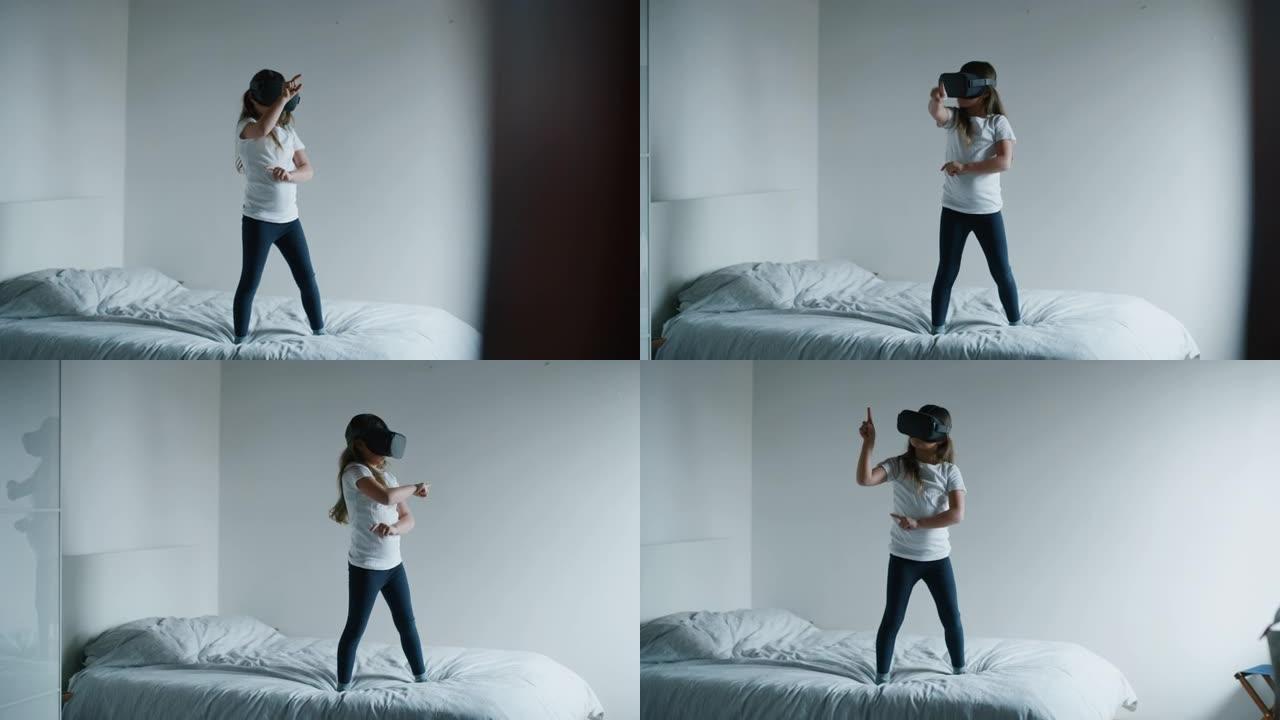 在床上使用增强现实vr眼镜拍摄小女孩的照片