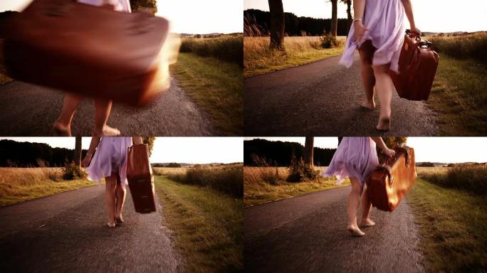 女人走在乡村道路上