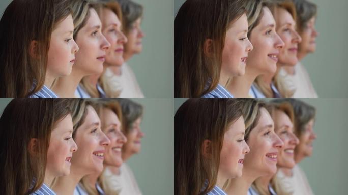 四代不同的女性面孔，近看，侧视