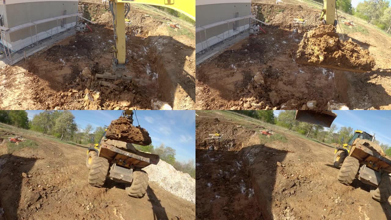 POV: 在建筑工地驾驶推土机，在房屋附近挖掘污垢