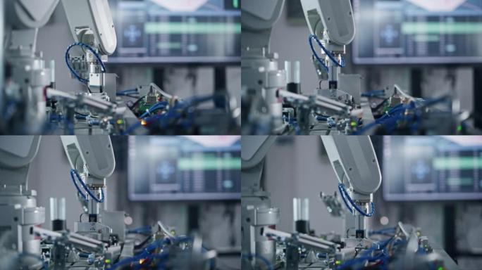 工业4.0现代工厂: 编程机器人手臂在不同的侧面移动。空房间的生产线机器。没有人，特写镜头。自动化机
