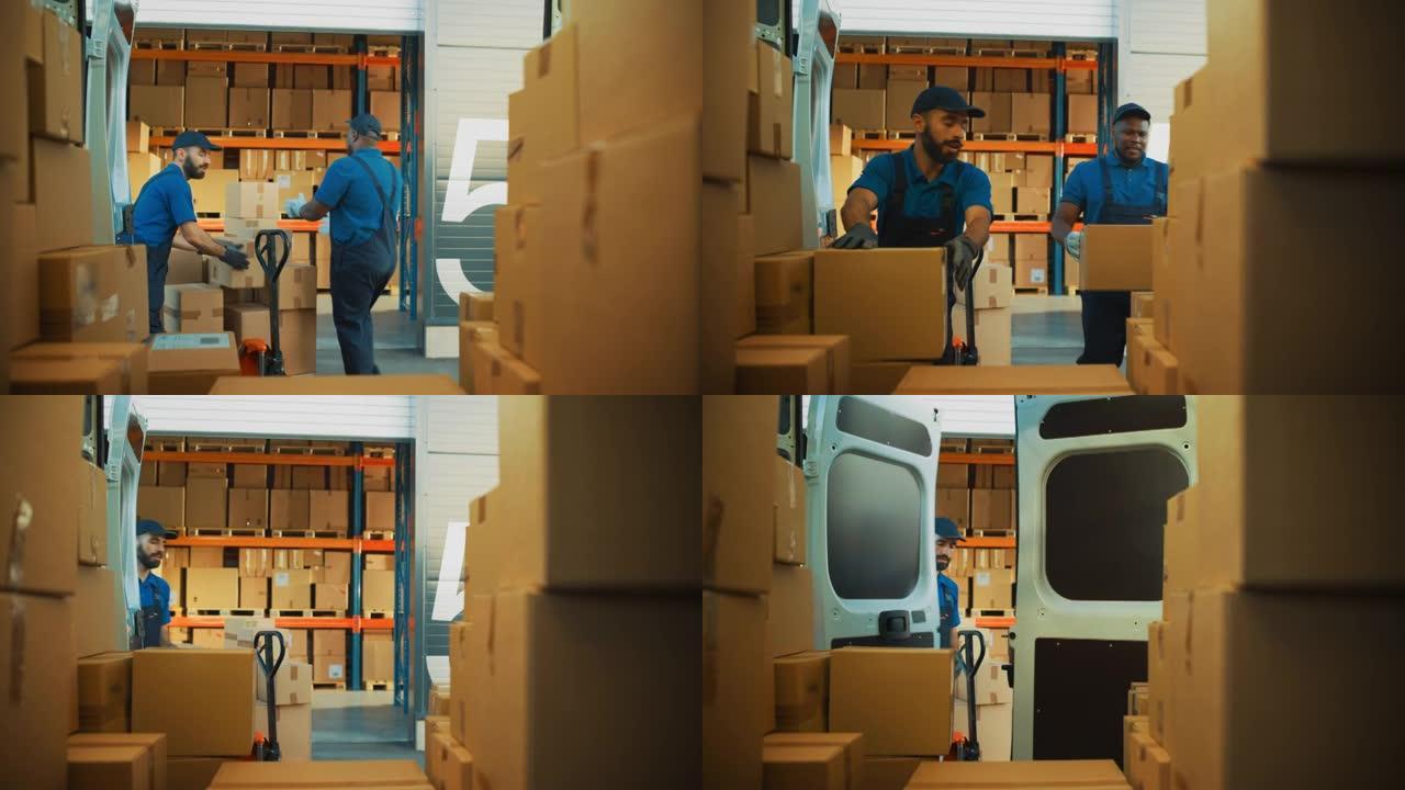 物流配送仓库外: 两个快乐的工人用纸箱装载送货卡车，关闭门然后交付在线订单，采购，电子商务商品。从面