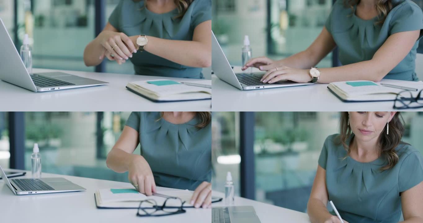 4k视频片段，一名年轻的女商人在使用计算机并在现代办公室做笔记时使用消毒剂