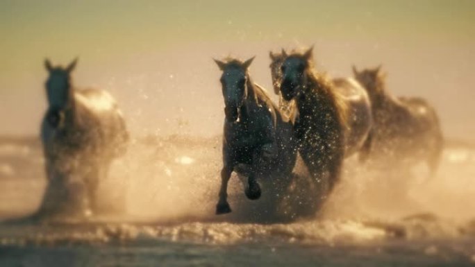 超级慢动作美丽的马在阳光明媚的海洋中奔跑和飞溅
