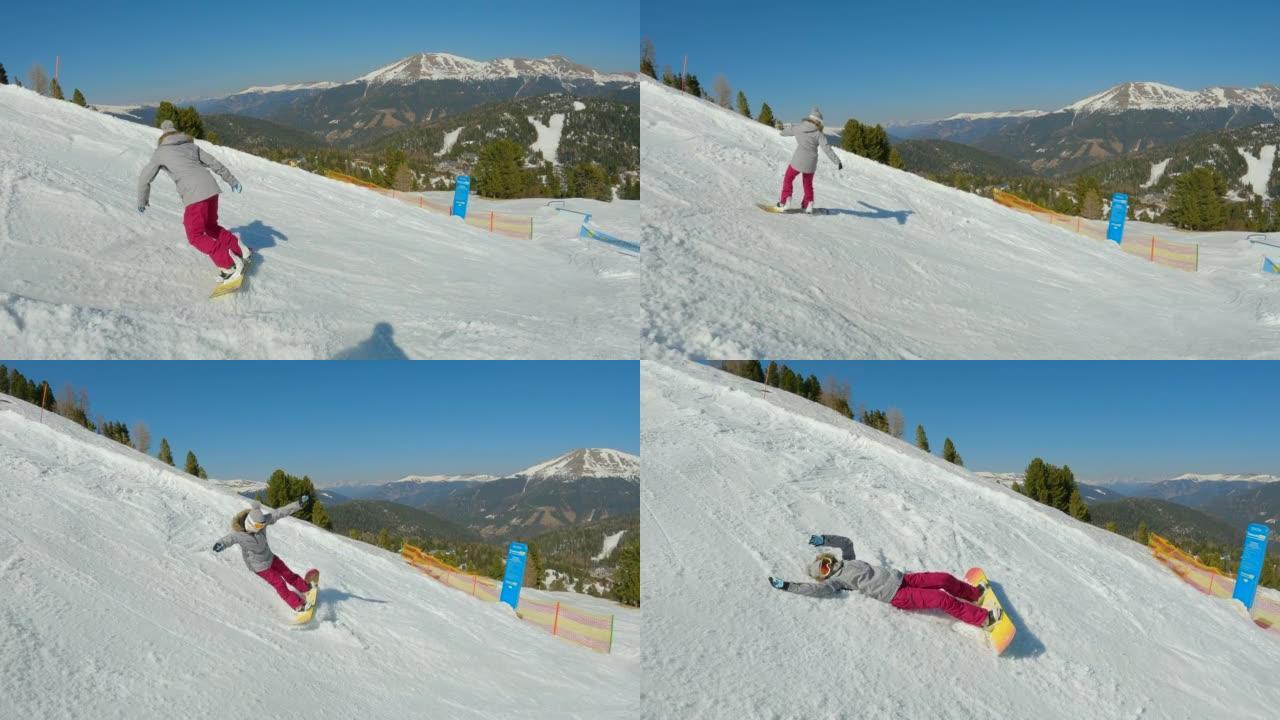 女孩滑雪者在滑雪场上学习滑雪板时摔倒在雪上