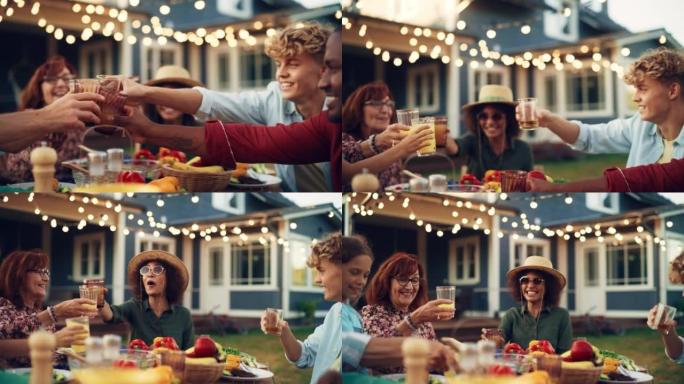 一个家庭和多种族不同的朋友在花园餐桌上聚会的特写。老人和年轻人用新鲜的橙汁举起和碰杯，庆祝一场活动。
