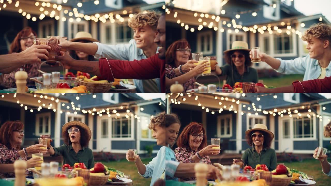一个家庭和多种族不同的朋友在花园餐桌上聚会的特写。老人和年轻人用新鲜的橙汁举起和碰杯，庆祝一场活动。