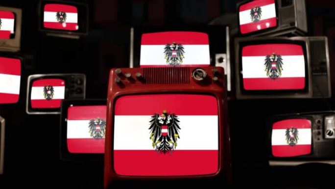 带有徽章和老式电视的奥地利国旗。4k分辨率。