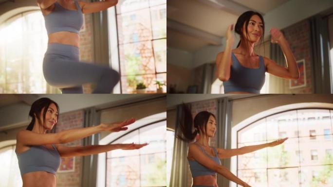 家庭健身房训练: 美丽健康的亚洲女性做有氧运动。强壮的超级女运动员锻炼身体。精力充沛的行动、健身、汗