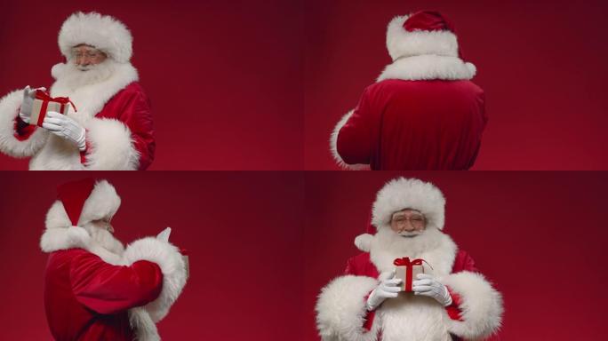 圣诞老人正在调整一个小礼品盒上的红丝带，在红色背景上慢动作转身，复制空间在他的左边，