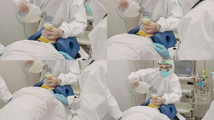医院接受袋阀面罩通气患者的慢动作特写视频