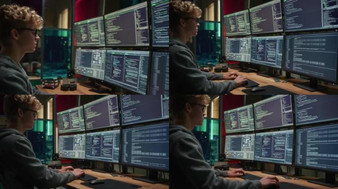 年轻的白人在黑暗办公室的专业六台显示器上编写代码。国际SAAS公司控制数字数据保护系统的男性网络安全