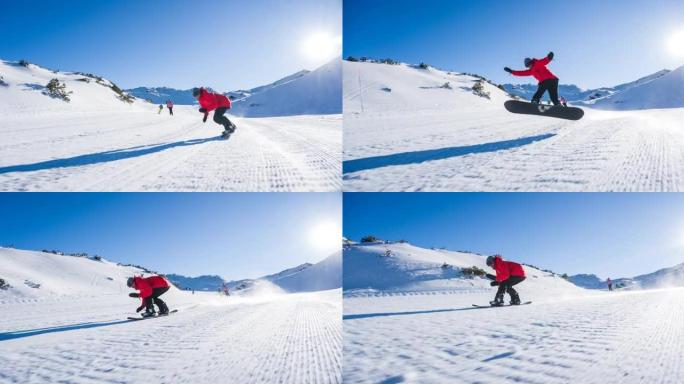 滑雪者冲下滑雪坡，在途中表演跳跃技巧